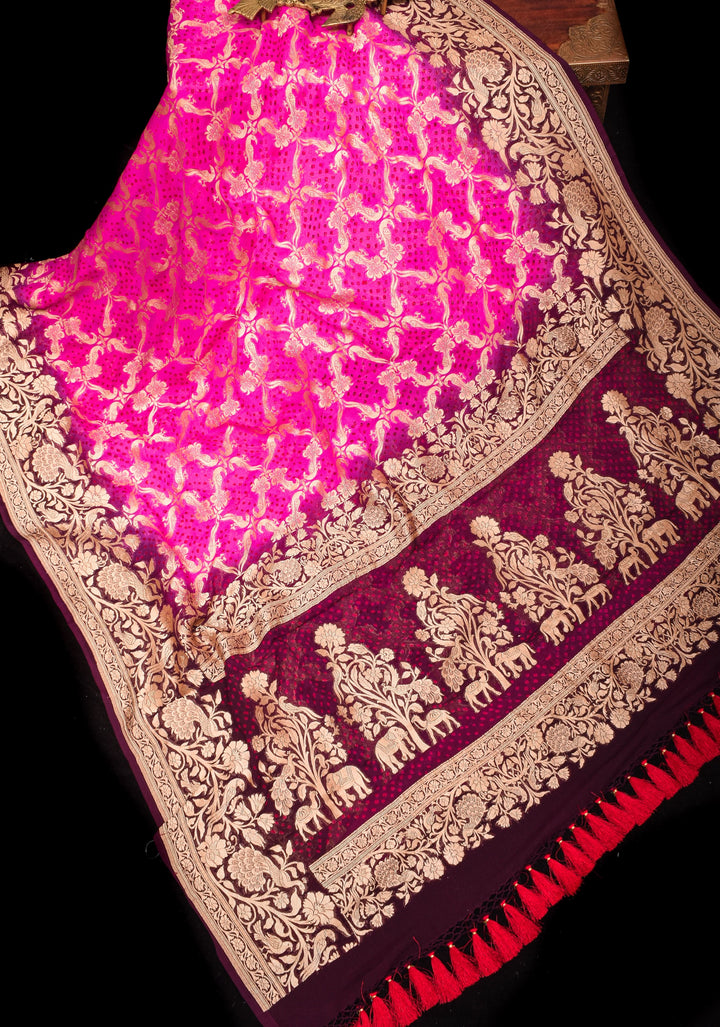 Shikaargah Jaal Authentic Hand Bandhej Banarasi Silk Georgette Saree in Hot Pink and Burgundy | SILK MARK CERTIFIED