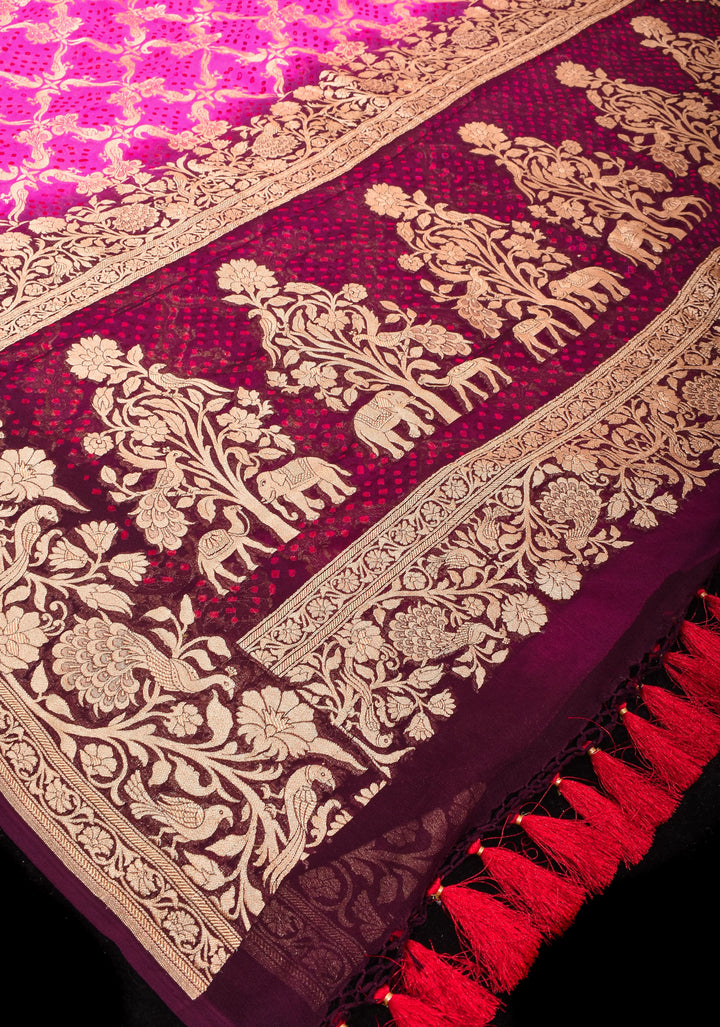 Shikaargah Jaal Authentic Hand Bandhej Banarasi Silk Georgette Saree in Hot Pink and Burgundy | SILK MARK CERTIFIED