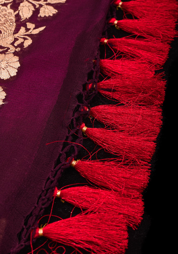 Shikaargah Jaal Authentic Hand Bandhej Banarasi Silk Georgette Saree in Hot Pink and Burgundy | SILK MARK CERTIFIED