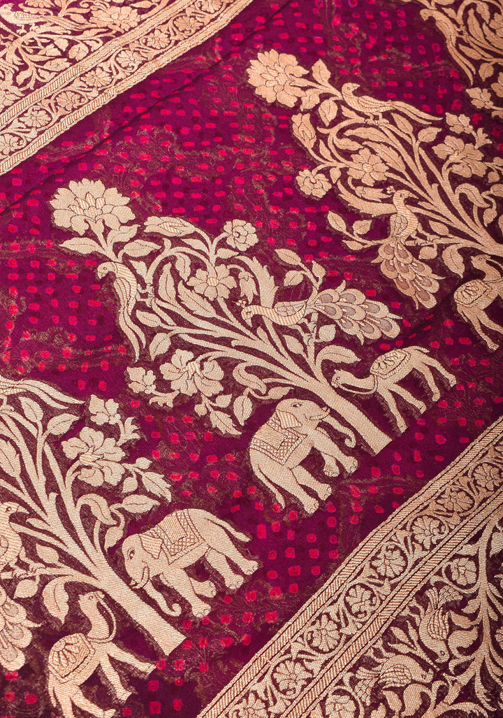 Shikaargah Jaal Authentic Hand Bandhej Banarasi Silk Georgette Saree in Hot Pink and Burgundy | SILK MARK CERTIFIED