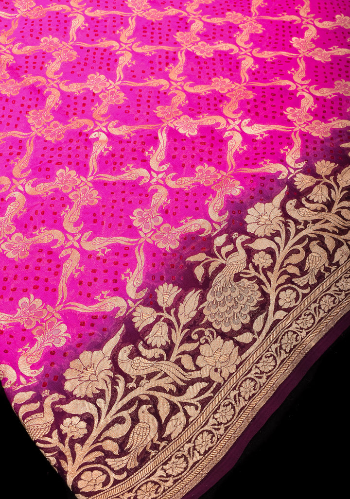 Shikaargah Jaal Authentic Hand Bandhej Banarasi Silk Georgette Saree in Hot Pink and Burgundy | SILK MARK CERTIFIED