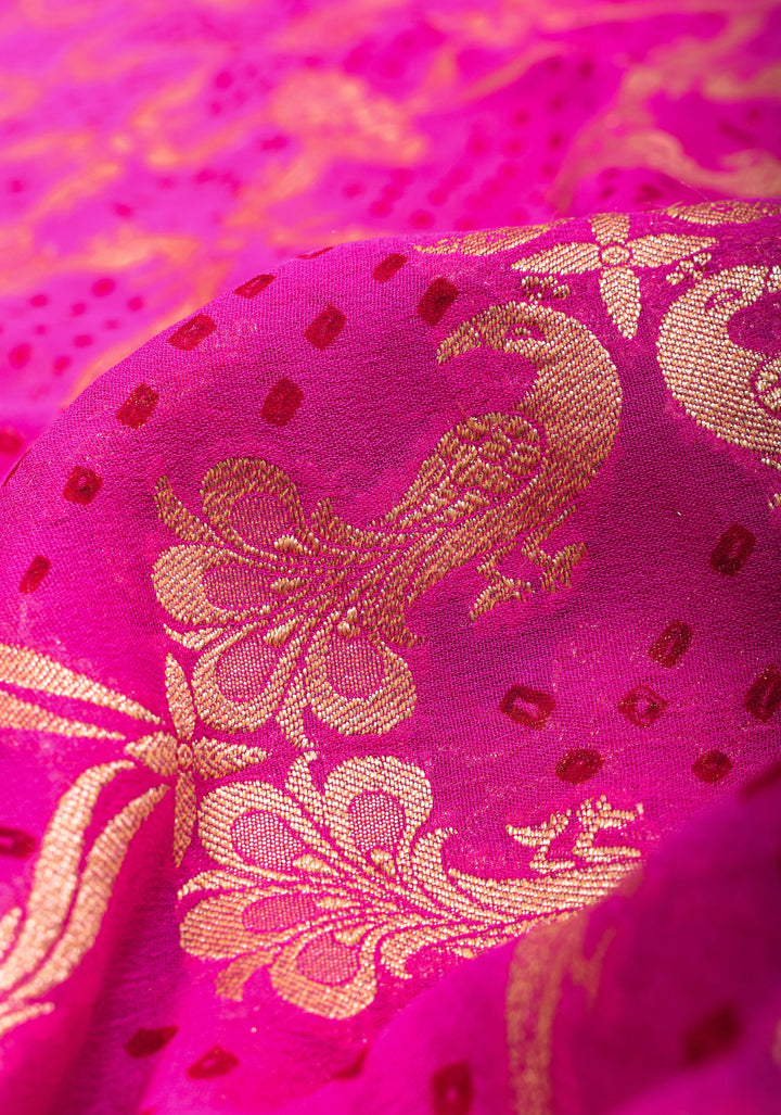 Shikaargah Jaal Authentic Hand Bandhej Banarasi Silk Georgette Saree in Hot Pink and Burgundy | SILK MARK CERTIFIED