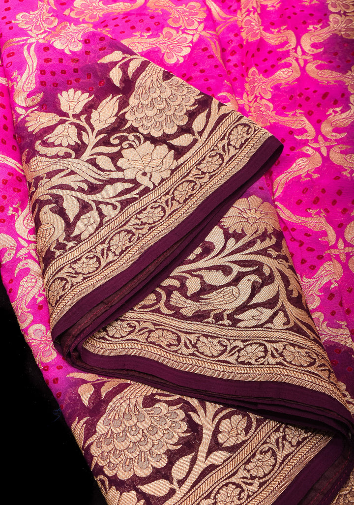 Shikaargah Jaal Authentic Hand Bandhej Banarasi Silk Georgette Saree in Hot Pink and Burgundy | SILK MARK CERTIFIED