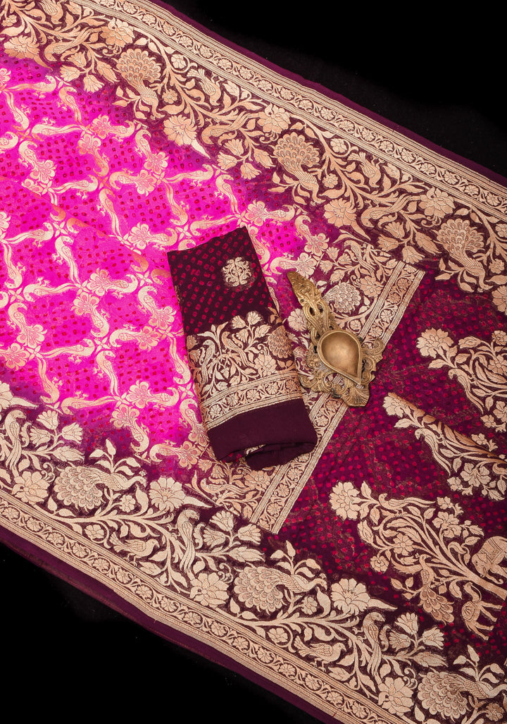 Shikaargah Jaal Authentic Hand Bandhej Banarasi Silk Georgette Saree in Hot Pink and Burgundy | SILK MARK CERTIFIED
