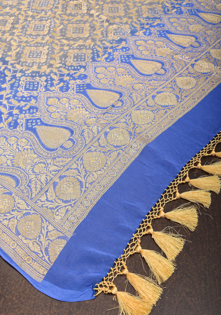 Dupatta: blue shade pure bandhej banarasi silk georgette dupatta with jaal pattern| Silk Mark Certified
