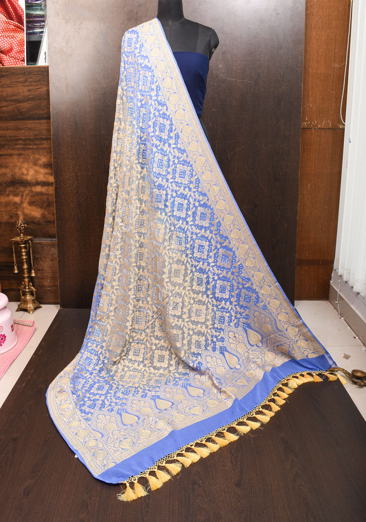 Dupatta: blue shade pure bandhej banarasi silk georgette dupatta with jaal pattern| Silk Mark Certified