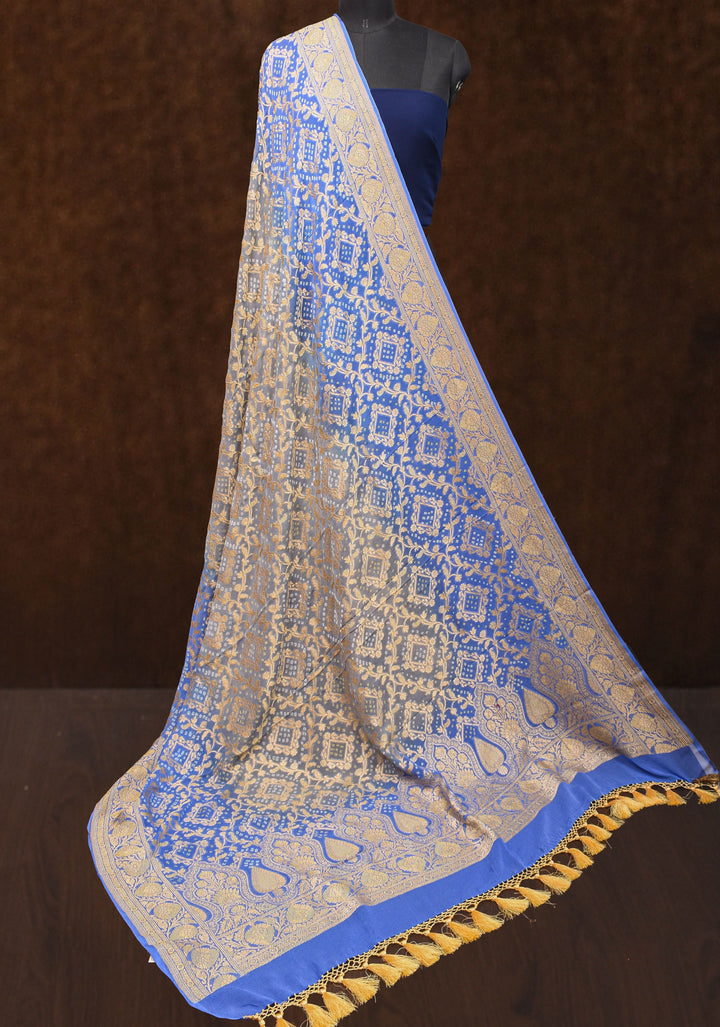 Dupatta: blue shade pure bandhej banarasi silk georgette dupatta with jaal pattern| Silk Mark Certified