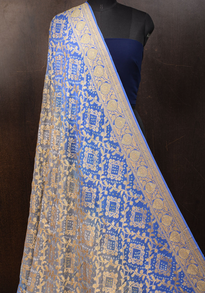 Dupatta: blue shade pure bandhej banarasi silk georgette dupatta with jaal pattern| Silk Mark Certified