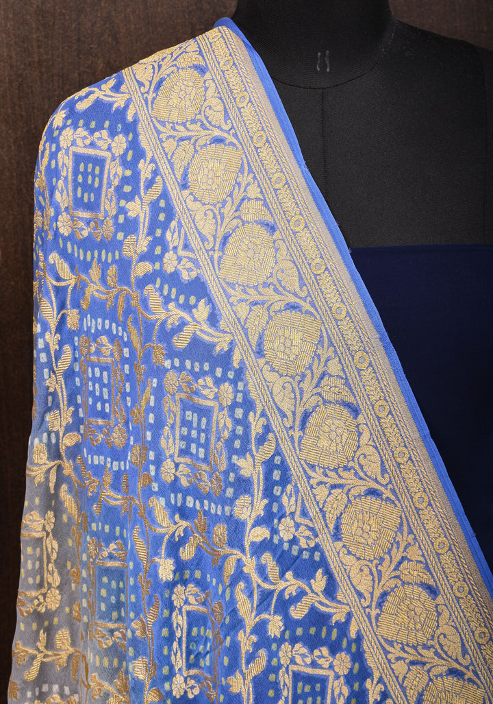 Dupatta: blue shade pure bandhej banarasi silk georgette dupatta with jaal pattern| Silk Mark Certified