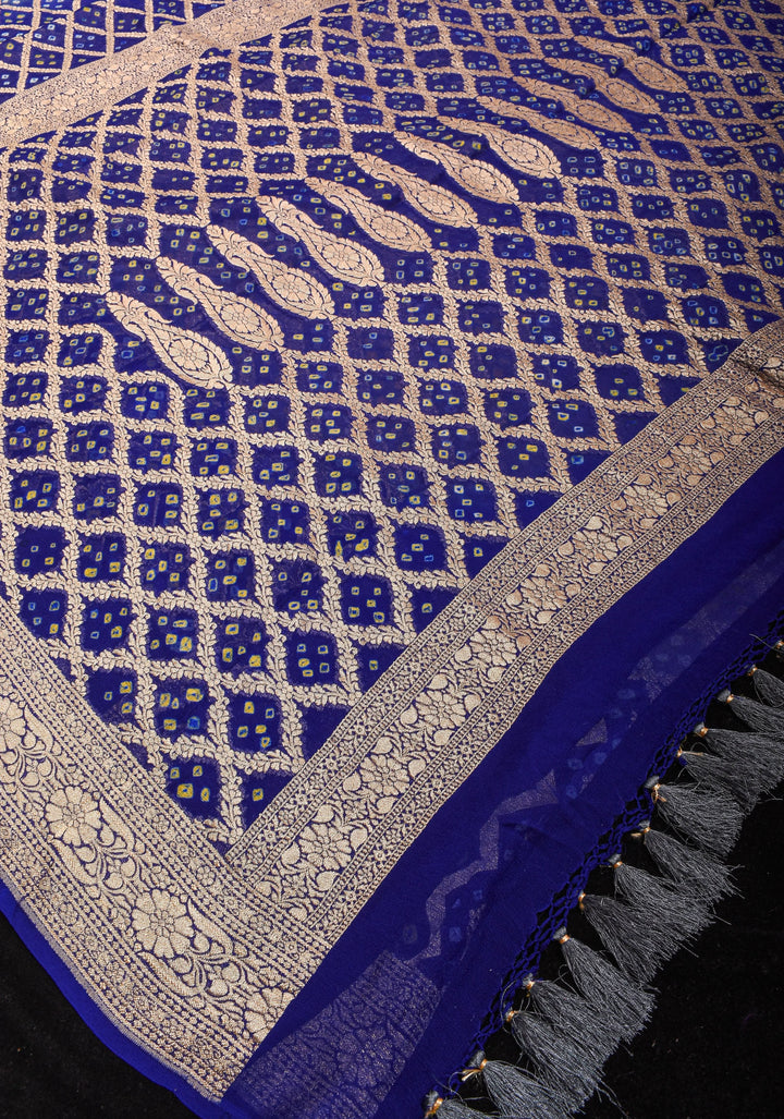 Authentic Hand Bandhej Banarasi Silk Georgette Saree in Gray and Blue Ombre | SILK MARKED CERTIFIED