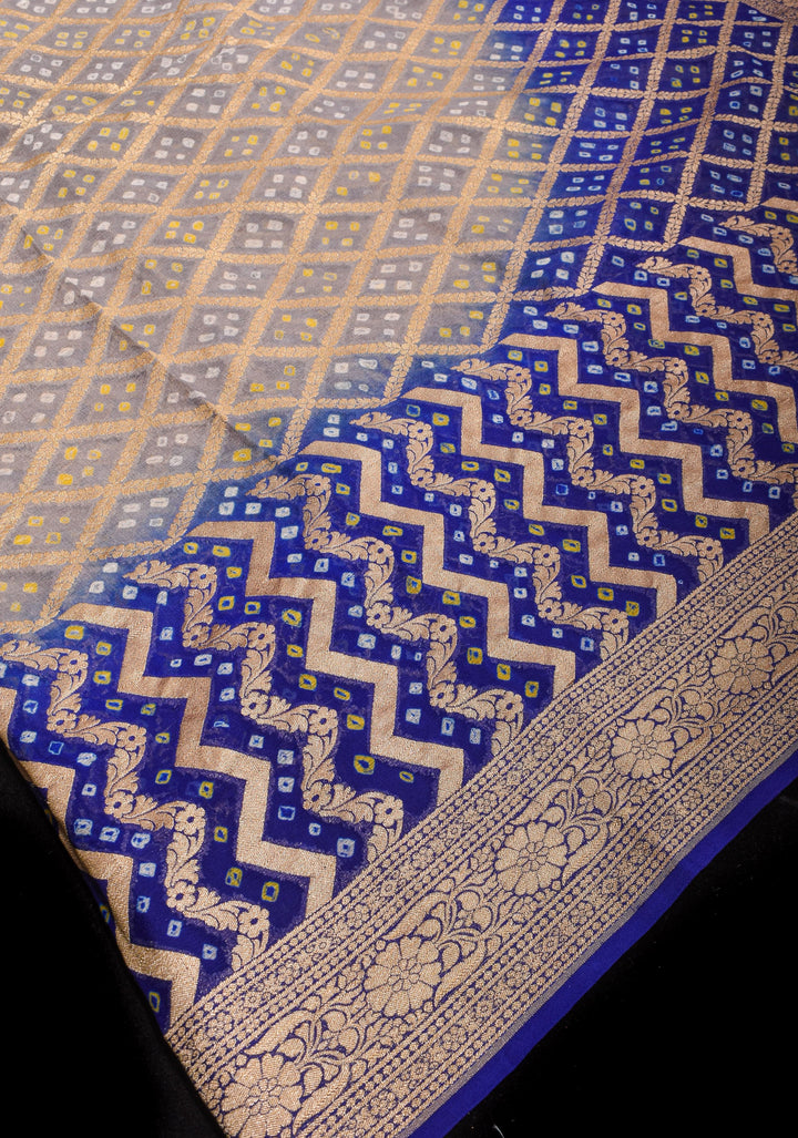 Authentic Hand Bandhej Banarasi Silk Georgette Saree in Gray and Blue Ombre | SILK MARKED CERTIFIED
