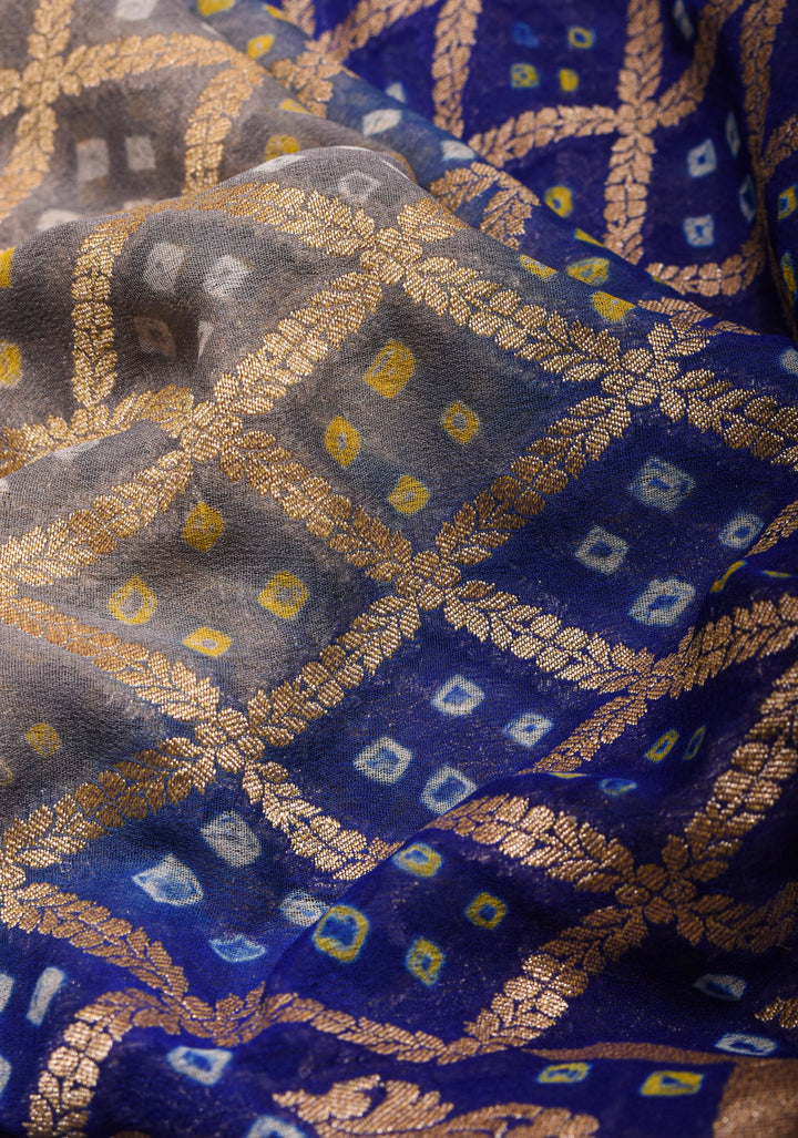 Authentic Hand Bandhej Banarasi Silk Georgette Saree in Gray and Blue Ombre | SILK MARKED CERTIFIED