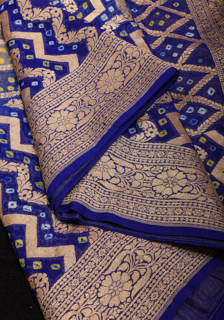 Authentic Hand Bandhej Banarasi Silk Georgette Saree in Gray and Blue Ombre | SILK MARKED CERTIFIED