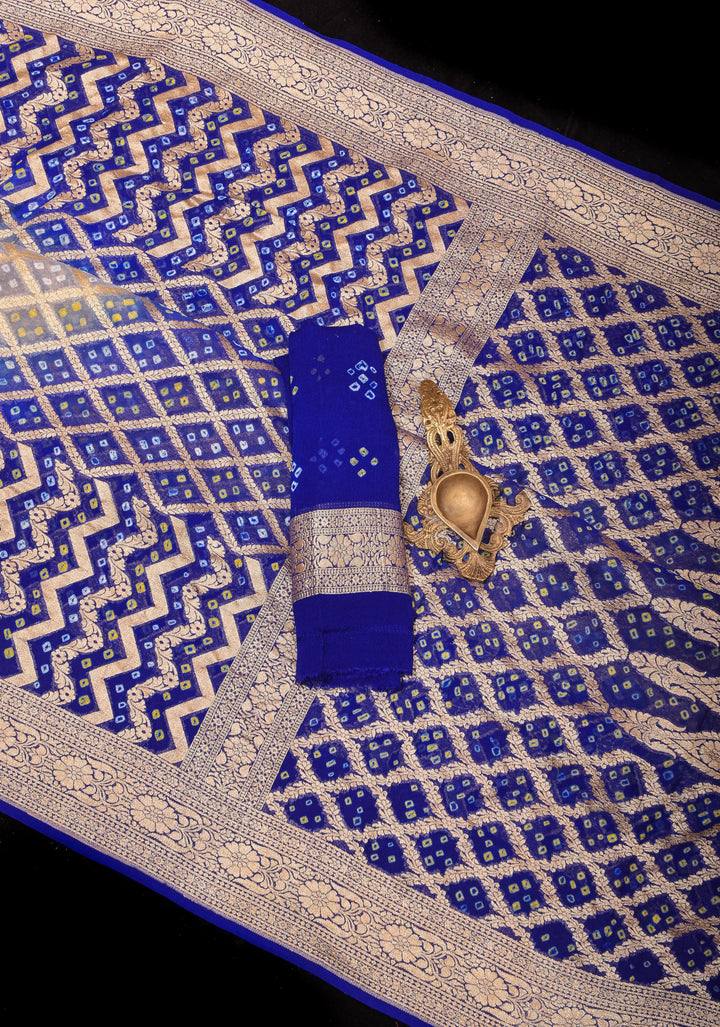 Authentic Hand Bandhej Banarasi Silk Georgette Saree in Gray and Blue Ombre | SILK MARKED CERTIFIED