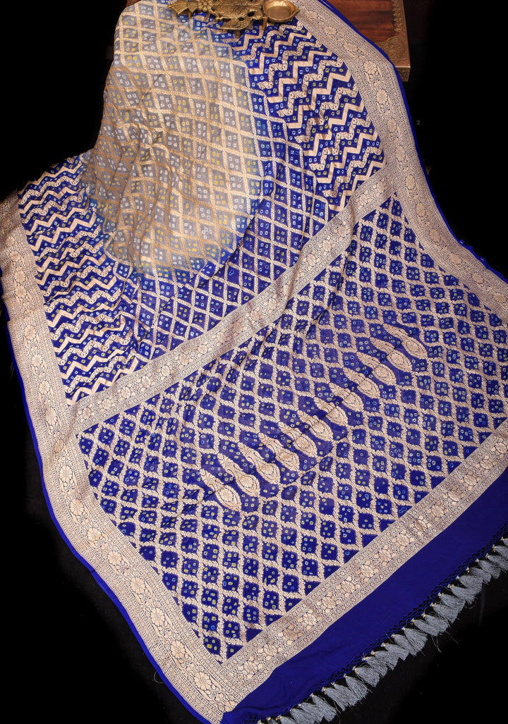 Authentic Hand Bandhej Banarasi Silk Georgette Saree in Gray and Blue Ombre | SILK MARKED CERTIFIED