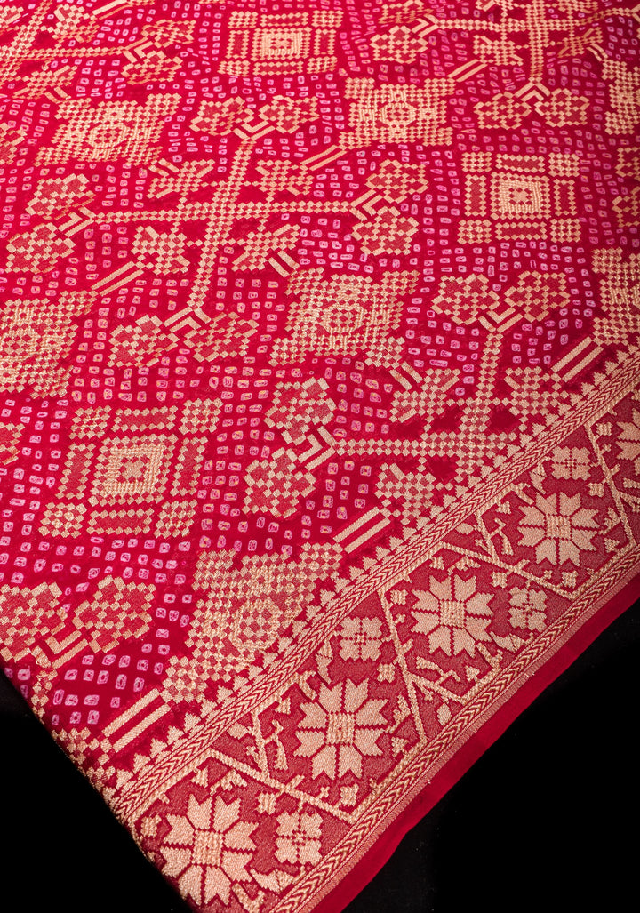 Authentic Hand Bandhej Banarasi Silk Georgette Saree in Red with Jaal Zari | SILK MARK CERTIFIED