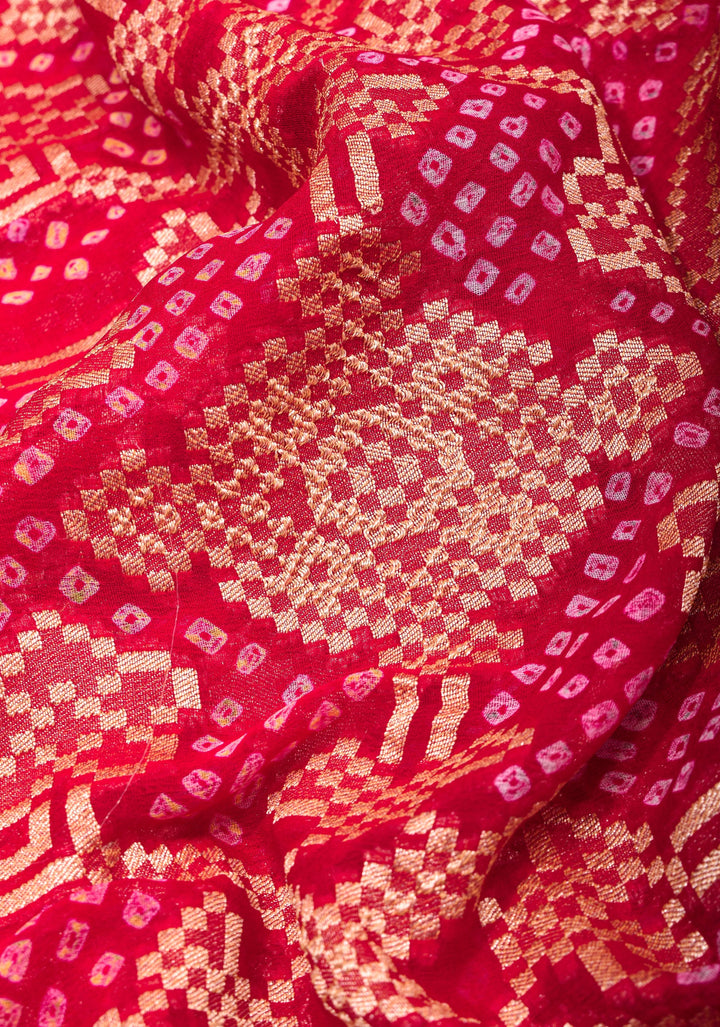 Authentic Hand Bandhej Banarasi Silk Georgette Saree in Red with Jaal Zari | SILK MARK CERTIFIED