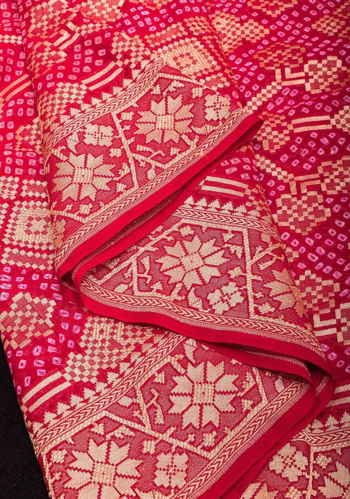 Authentic Hand Bandhej Banarasi Silk Georgette Saree in Red with Jaal Zari | SILK MARK CERTIFIED
