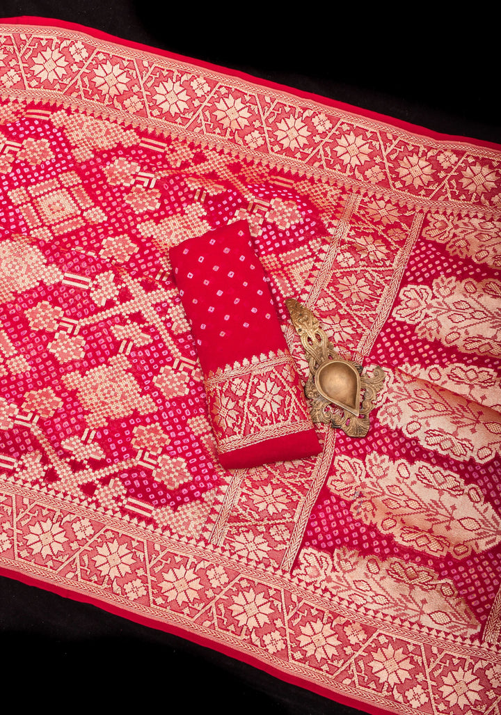 Authentic Hand Bandhej Banarasi Silk Georgette Saree in Red with Jaal Zari | SILK MARK CERTIFIED