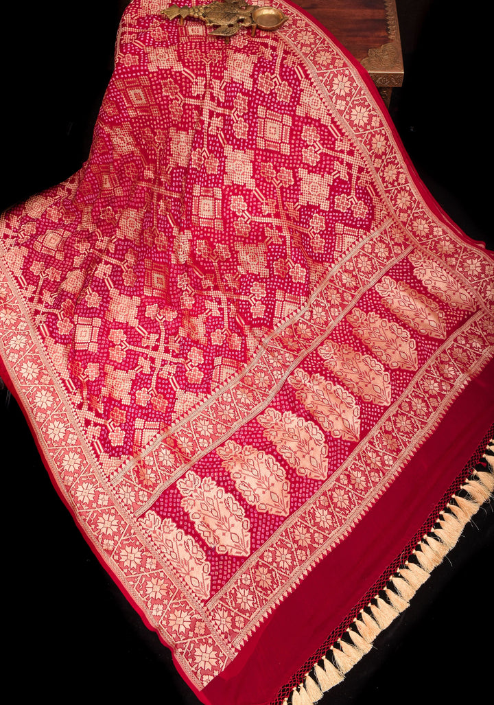 Authentic Hand Bandhej Banarasi Silk Georgette Saree in Red with Jaal Zari | SILK MARK CERTIFIED