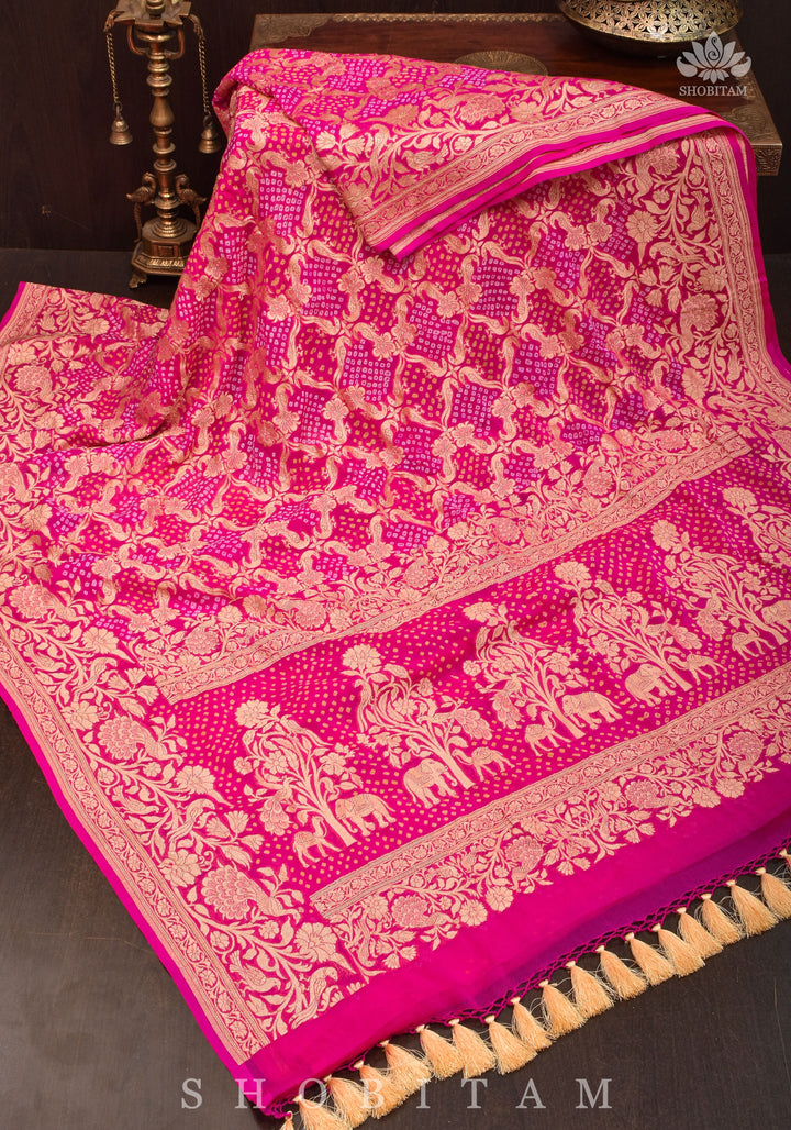 Peacock & Parrot Jaal, Paalki Border Bandhej Pure Banarasi Silk Georgette Saree in Shades of Pink  | SILK MARK CERTIFIED