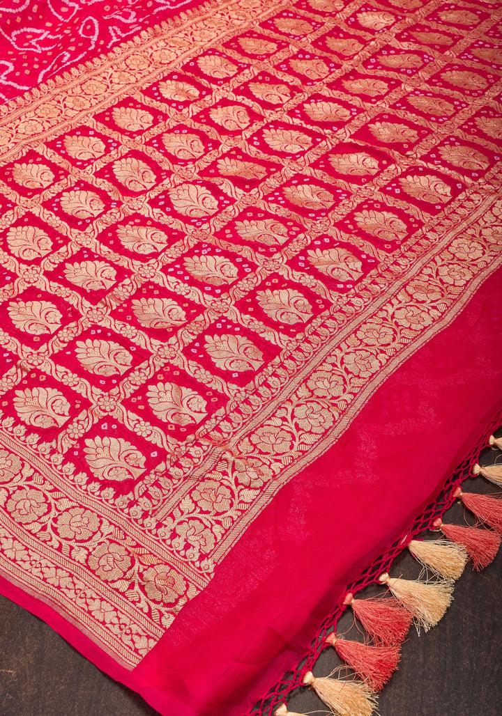 Sarkam Bandhni and Jaal Banarasi Half and Half Pattern pure Silk Georgette Saree in Peach and Pink | SILK MARK CERTIFIED