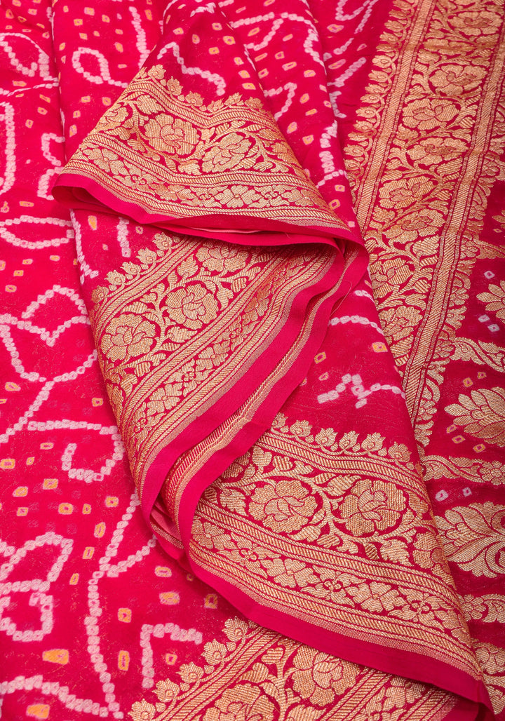 Sarkam Bandhni and Jaal Banarasi Half and Half Pattern pure Silk Georgette Saree in Peach and Pink | SILK MARK CERTIFIED
