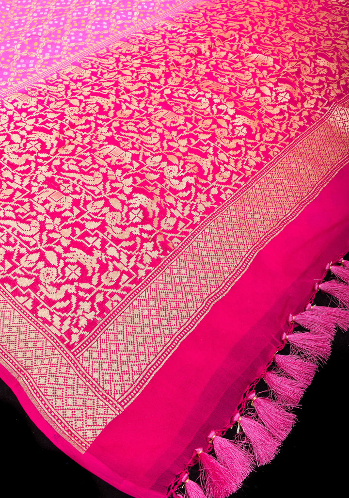 Jaal Authentic Hand Bandhej Banarasi Silk Georgette Saree in shades of Pink with Shikaargah Border | SILK MARK CERTIFIED