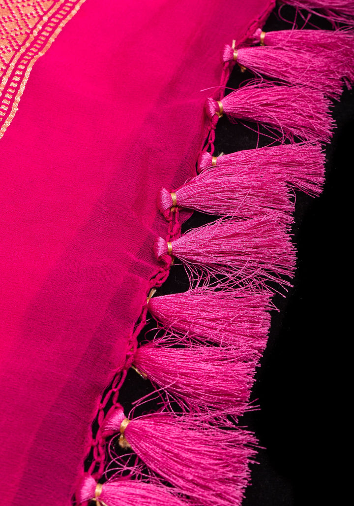 Jaal Authentic Hand Bandhej Banarasi Silk Georgette Saree in shades of Pink with Shikaargah Border | SILK MARK CERTIFIED