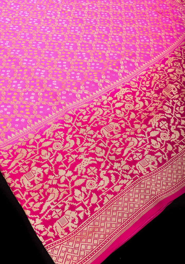 Jaal Authentic Hand Bandhej Banarasi Silk Georgette Saree in shades of Pink with Shikaargah Border | SILK MARK CERTIFIED