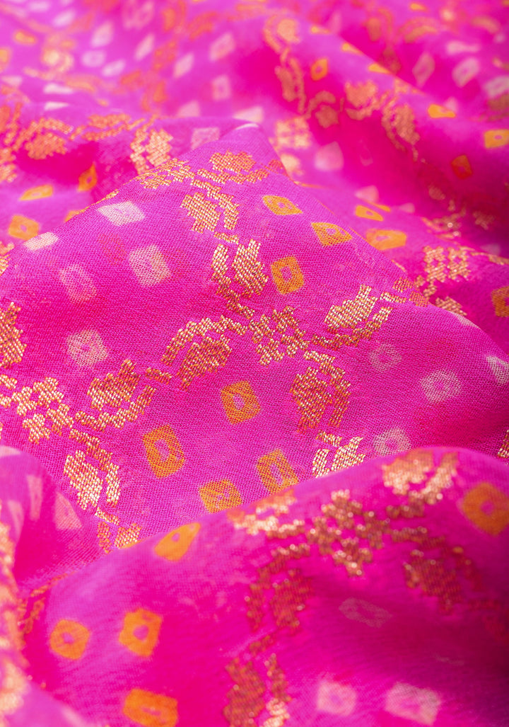 Jaal Authentic Hand Bandhej Banarasi Silk Georgette Saree in shades of Pink with Shikaargah Border | SILK MARK CERTIFIED