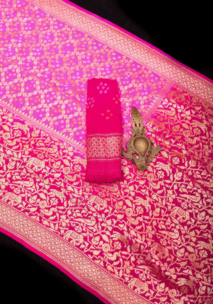 Jaal Authentic Hand Bandhej Banarasi Silk Georgette Saree in shades of Pink with Shikaargah Border | SILK MARK CERTIFIED