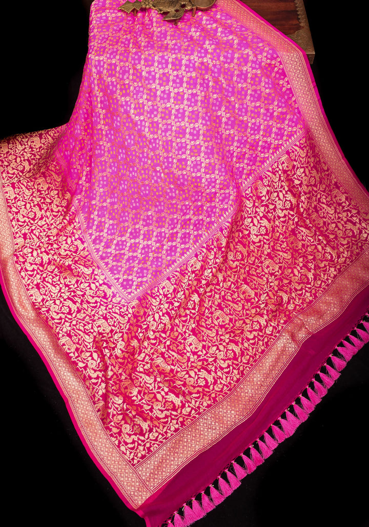Jaal Authentic Hand Bandhej Banarasi Silk Georgette Saree in shades of Pink with Shikaargah Border | SILK MARK CERTIFIED