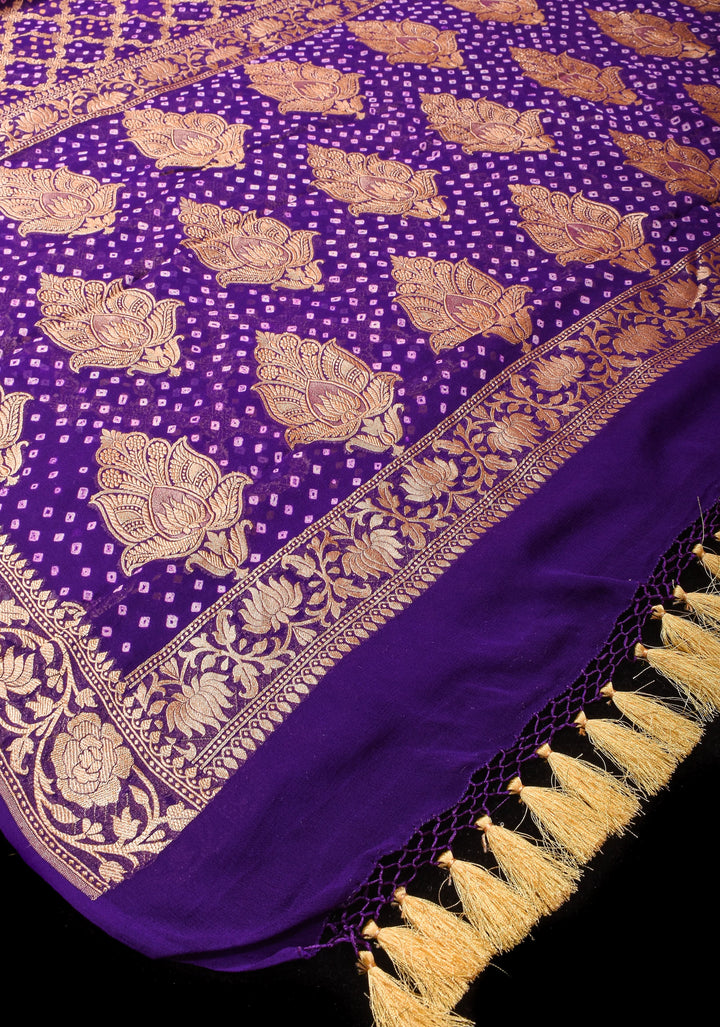 Purple Authentic Hand Bandhej Banarasi Silk Georgette Saree with jaal pattern and Zari Border | SILK MARK CERTIFIED