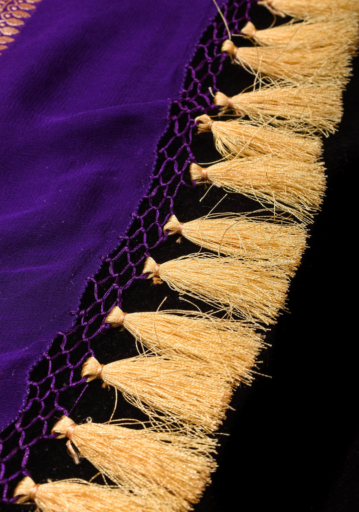 Purple Authentic Hand Bandhej Banarasi Silk Georgette Saree with jaal pattern and Zari Border | SILK MARK CERTIFIED