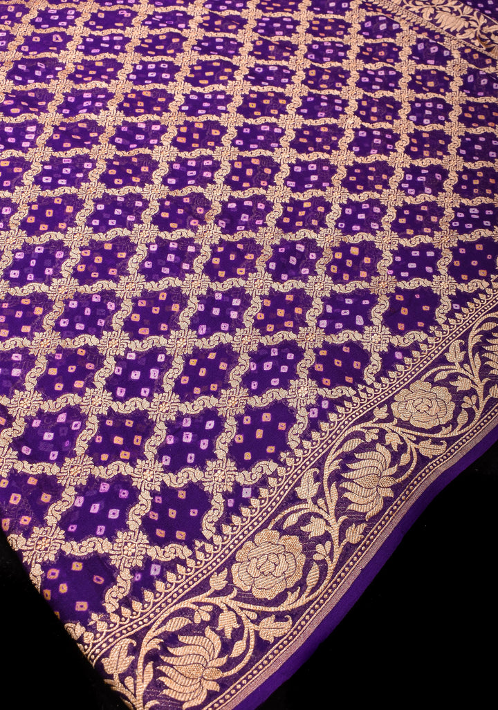 Purple Authentic Hand Bandhej Banarasi Silk Georgette Saree with jaal pattern and Zari Border | SILK MARK CERTIFIED