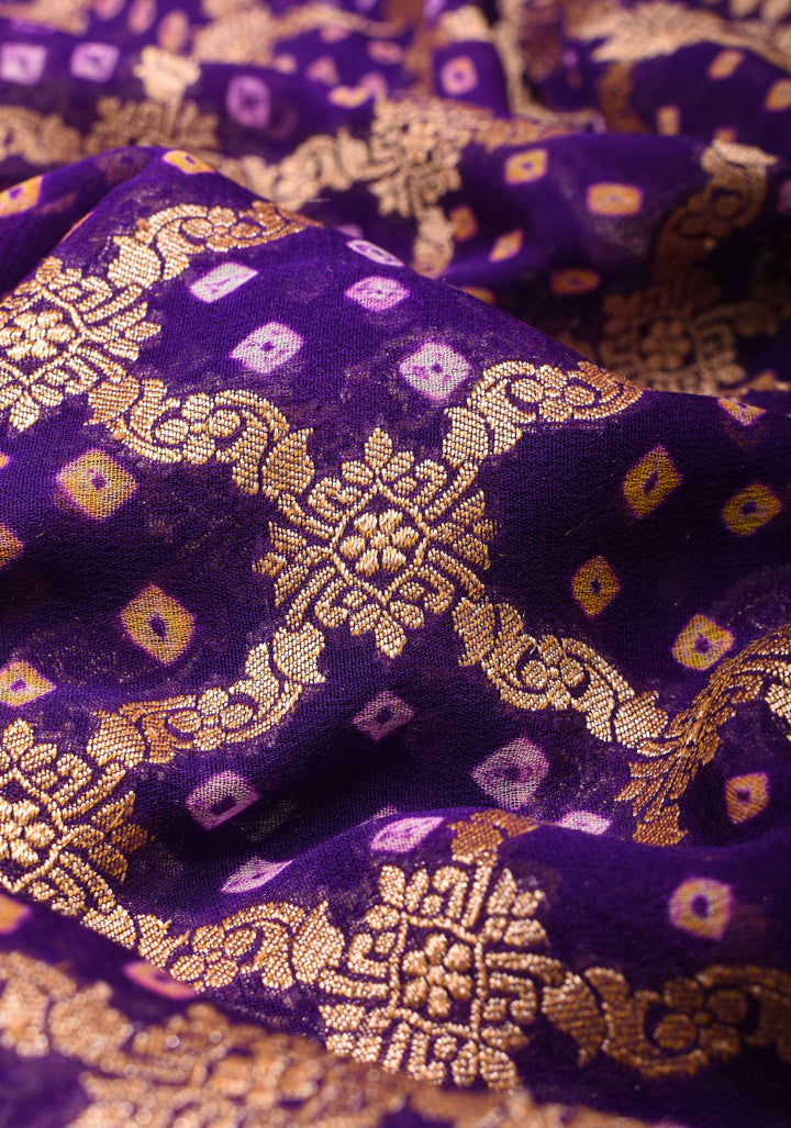 Purple Authentic Hand Bandhej Banarasi Silk Georgette Saree with jaal pattern and Zari Border | SILK MARK CERTIFIED