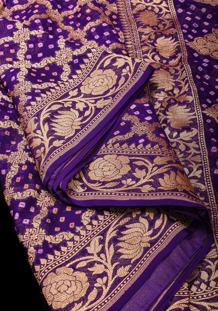 Purple Authentic Hand Bandhej Banarasi Silk Georgette Saree with jaal pattern and Zari Border | SILK MARK CERTIFIED