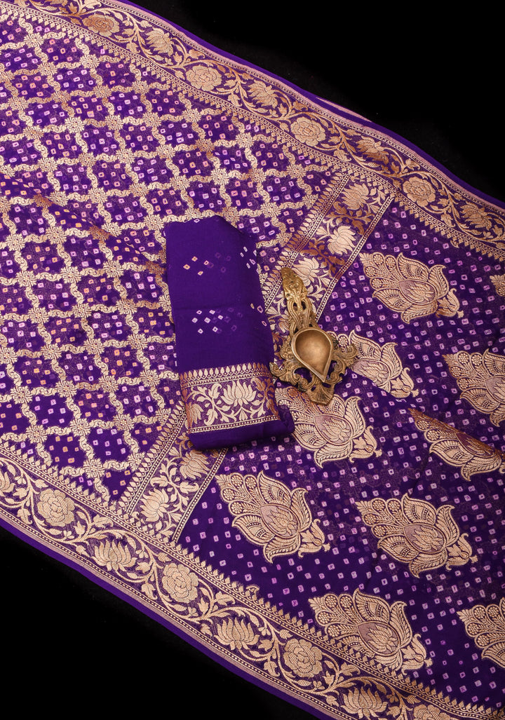 Purple Authentic Hand Bandhej Banarasi Silk Georgette Saree with jaal pattern and Zari Border | SILK MARK CERTIFIED