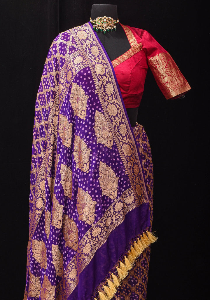 Purple Authentic Hand Bandhej Banarasi Silk Georgette Saree with jaal pattern and Zari Border | SILK MARK CERTIFIED