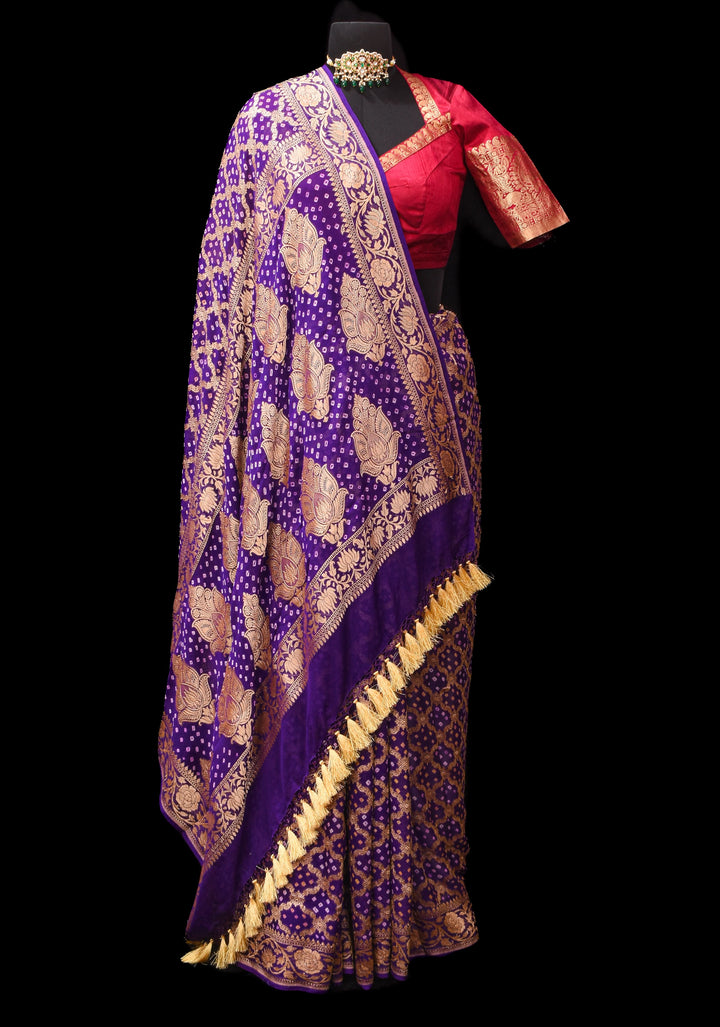 Purple Authentic Hand Bandhej Banarasi Silk Georgette Saree with jaal pattern and Zari Border | SILK MARK CERTIFIED