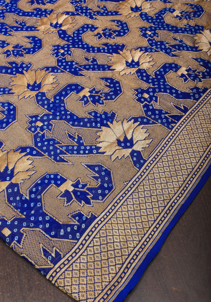 Trendy Abstract Jaal and  Hand bandhej on Pure Banarasi Silk Georgette Saree in Royal Blue | SILK MARK CERTIFIED