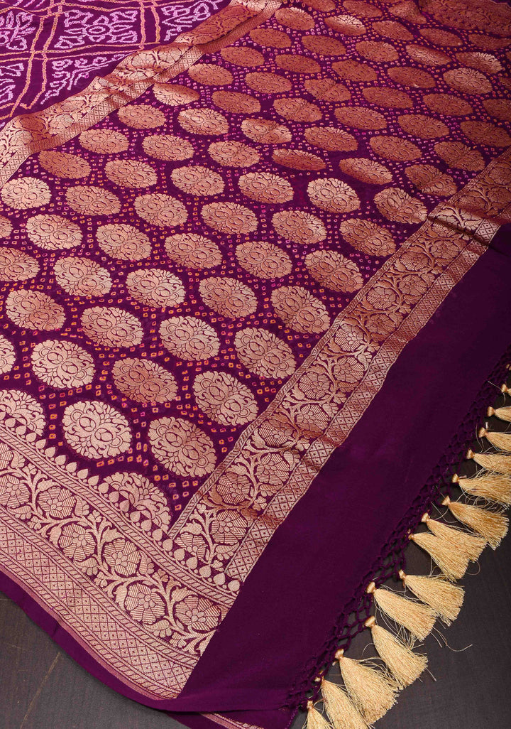 Purple Authentic Sarkam Bandhej Silk Georgette Banarasi Saree with Zari detailing | SILK MARK CERTIFIED
