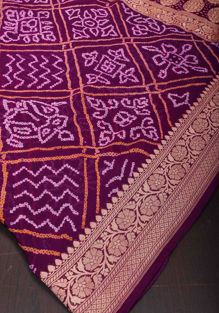 Purple Authentic Sarkam Bandhej Silk Georgette Banarasi Saree with Zari detailing | SILK MARK CERTIFIED