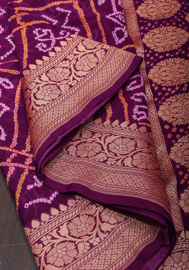 Purple Authentic Sarkam Bandhej Silk Georgette Banarasi Saree with Zari detailing | SILK MARK CERTIFIED