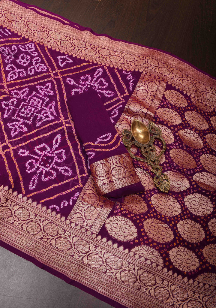 Purple Authentic Sarkam Bandhej Silk Georgette Banarasi Saree with Zari detailing | SILK MARK CERTIFIED