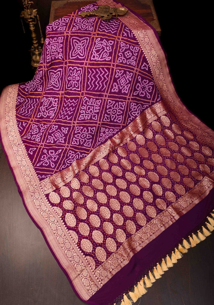 Purple Authentic Sarkam Bandhej Silk Georgette Banarasi Saree with Zari detailing | SILK MARK CERTIFIED