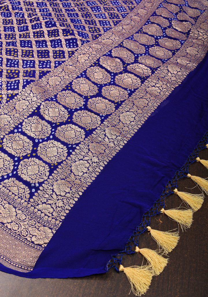 Authentic Bandhej Banarasi Pure Silk Georgette Dupatta with  Gorgeous Jaal Pattern in Blue | SILK MARK CERTIFIED