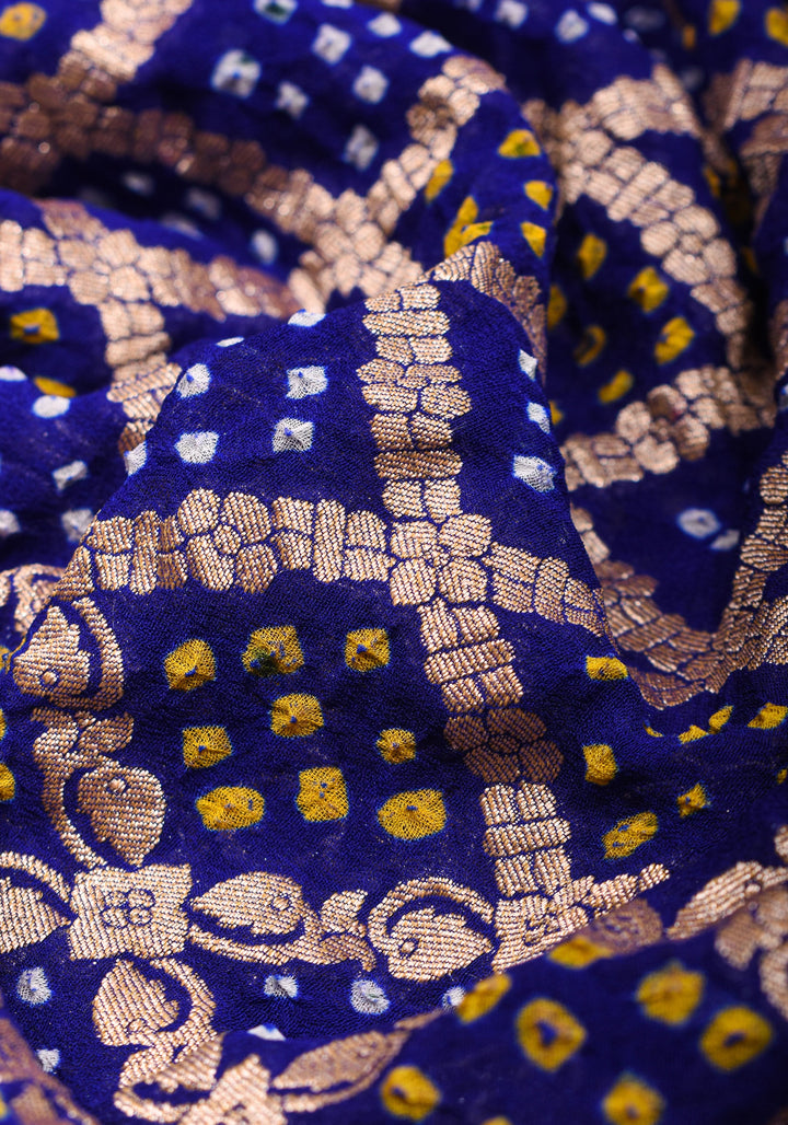 Authentic Bandhej Banarasi Pure Silk Georgette Dupatta with  Gorgeous Jaal Pattern in Blue | SILK MARK CERTIFIED