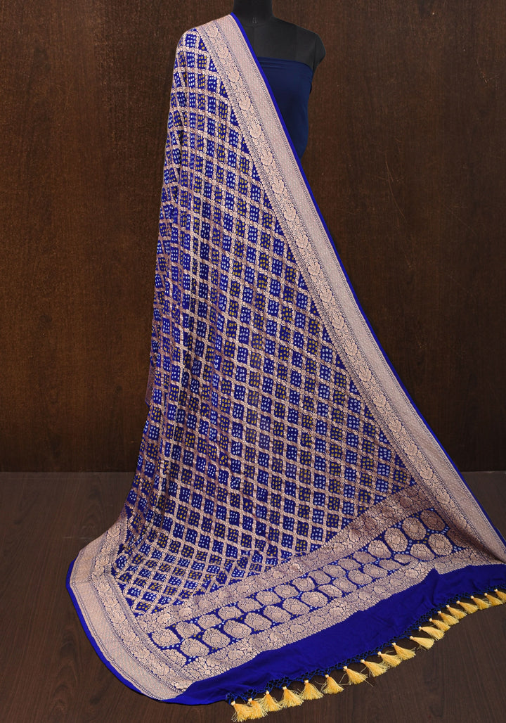 Authentic Bandhej Banarasi Pure Silk Georgette Dupatta with  Gorgeous Jaal Pattern in Blue | SILK MARK CERTIFIED
